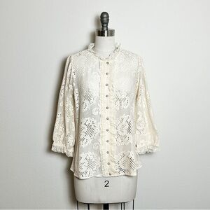 Johnny Was Sheer Cream Lace Button-Up Blouse Size Small